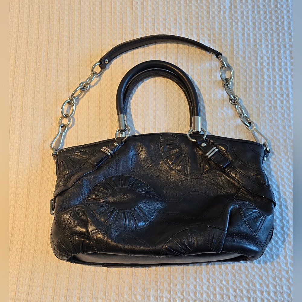 Coach Madison Sophia satchel, black leather, embossed Op Art pattern, euc